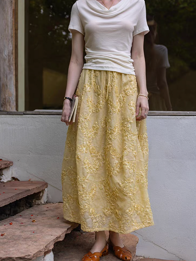 Embossed floral mustard yellow drawstring elasticated tencel linen skirt 2