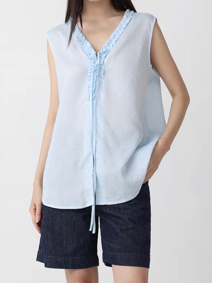 V neck ruffles drawstring side slit pure lyocell vest 5