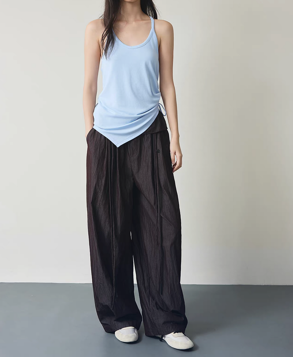 Thumbnail: Poly rayon mocha charcoal cotton layered ruffled barrel pants