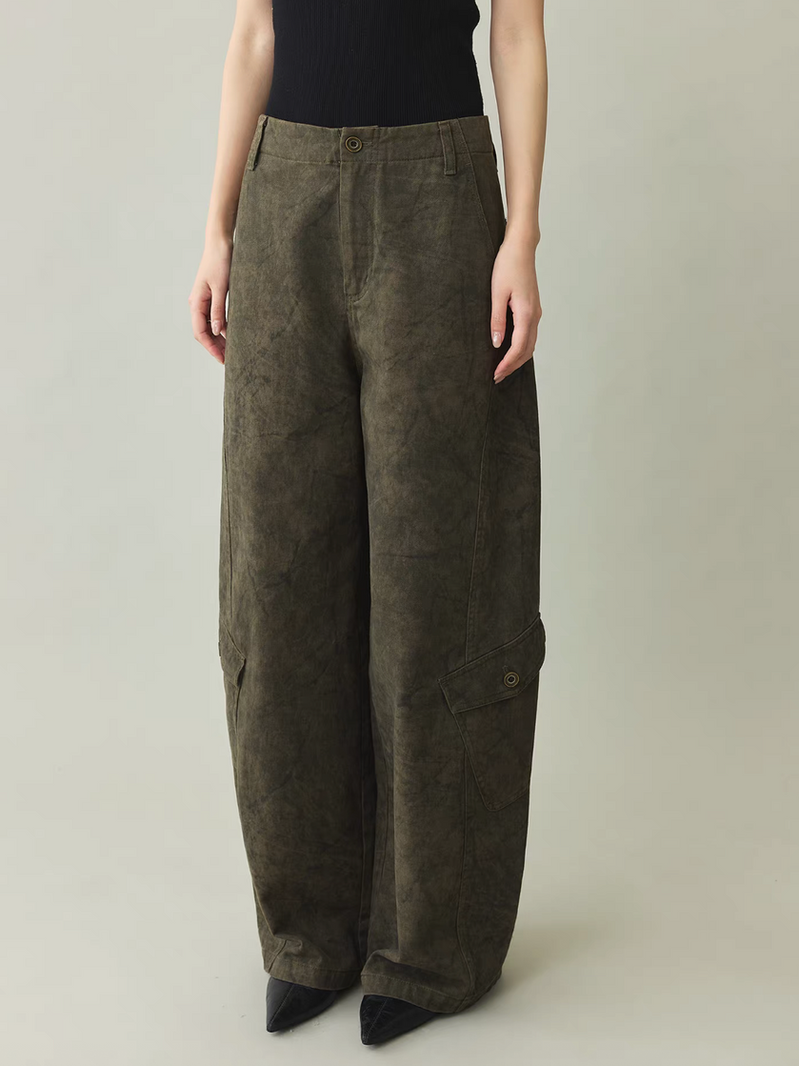 Olive green cotton rayon barrel cargo high waisted pants 2