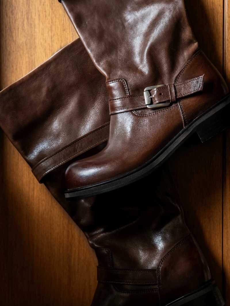 Made in Italy Italian brushed off calf leather double buckles straps knee boots 12