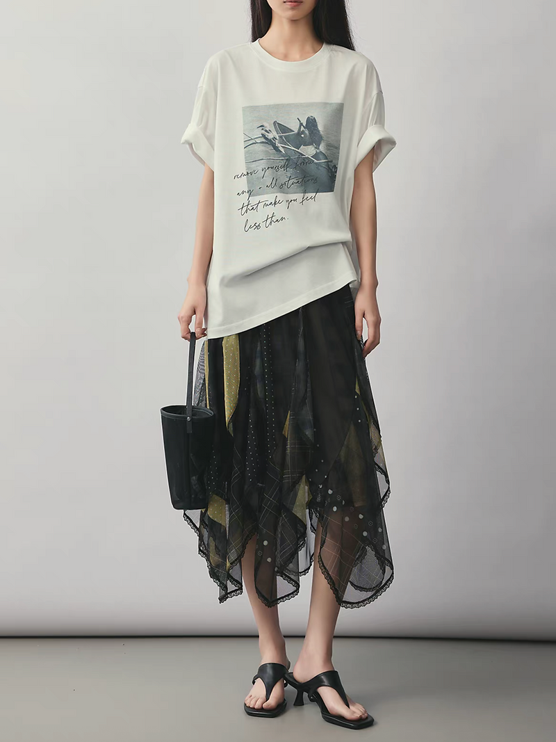 Asymmetric checker docking chiffon organza layer elasticated skirt 8