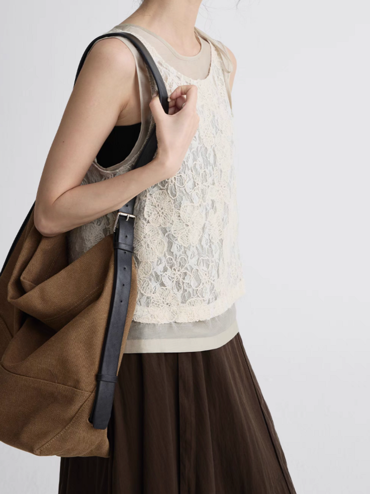 Beige layered poly lyocell embroidered floral vest 3