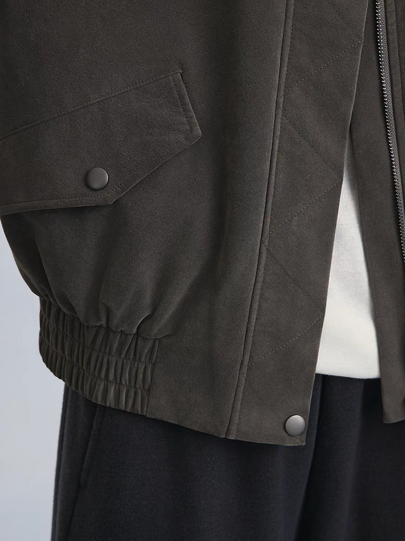 Charcoal grey synthetic leather suede elastic trim pilot jacket 9