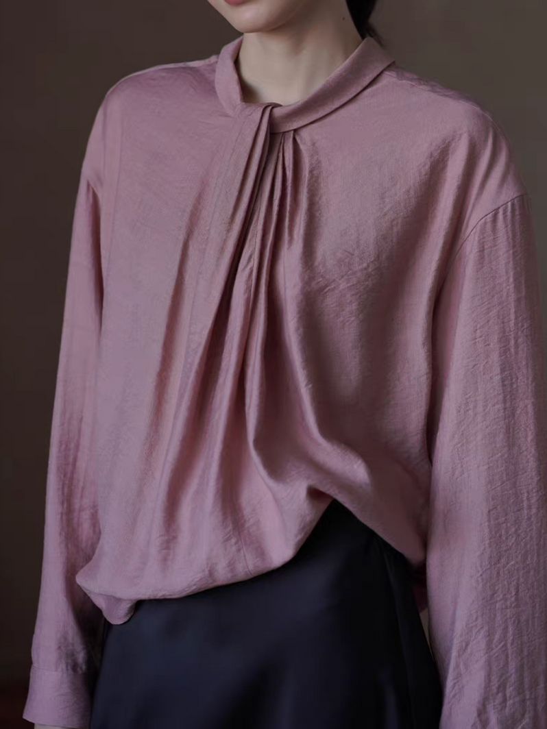 Twist pleats collar rosy poly rayon longsleeved blouse 1