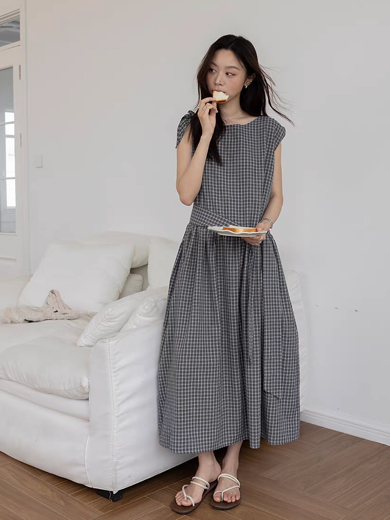 Two way checker charcoal grey cotton poly shoulder knot midi sleeveless dres 4