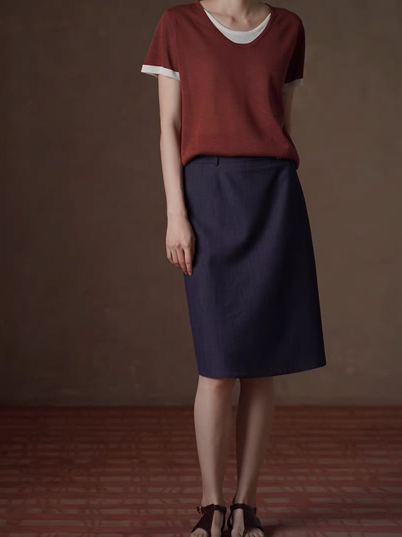Navy belted tencel denim high waisted skirt 7
