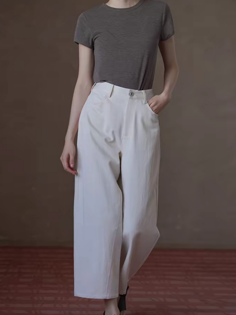 Ivory diagonal seam back adjustable strap denim cotton pants 3