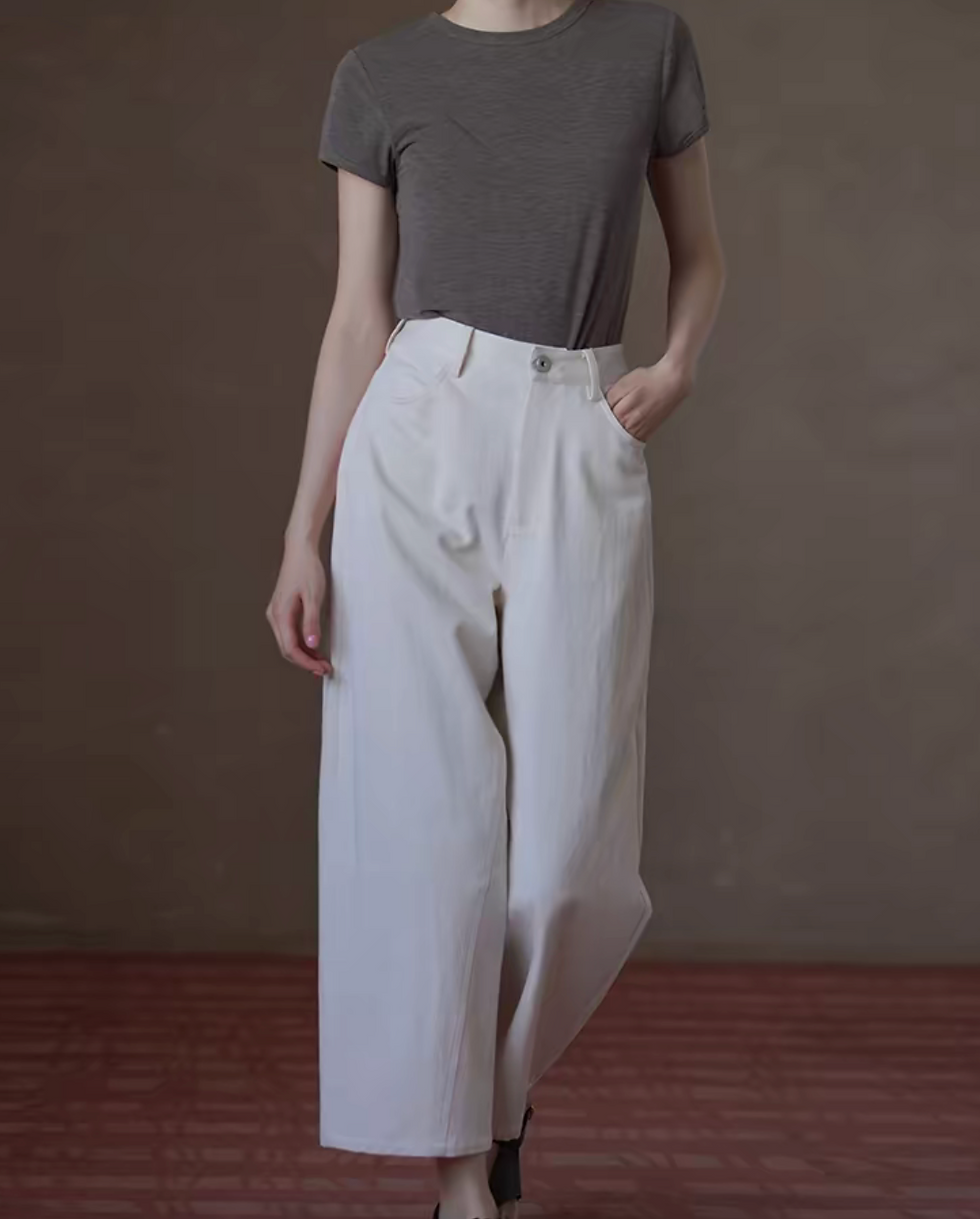 Thumbnail: Ivory diagonal seam back adjustable strap denim cotton pants