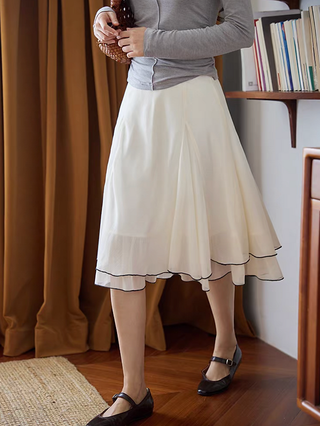 Ivory high waisted layered poly rayon black trim mermaid skirt 3