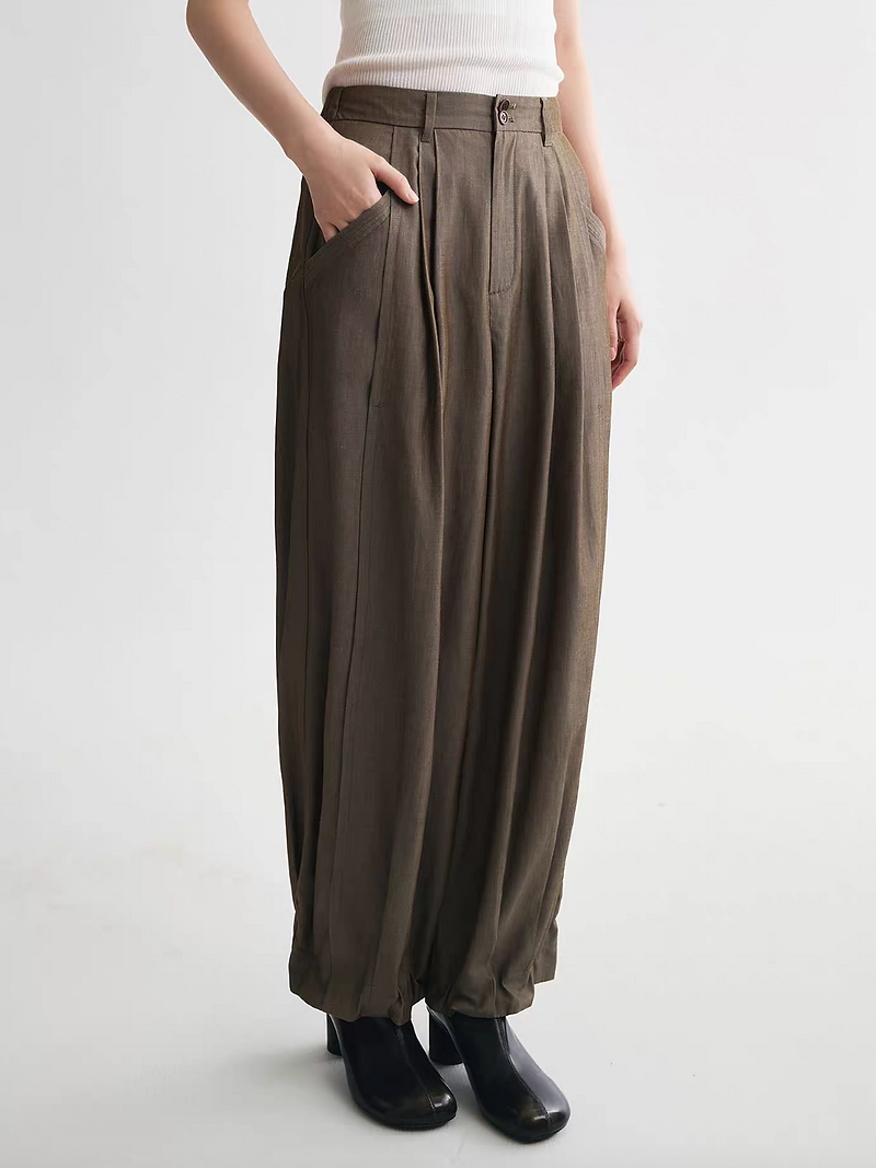 Khaki pure linen back elasticated pleated hemmed high waisted pants 9