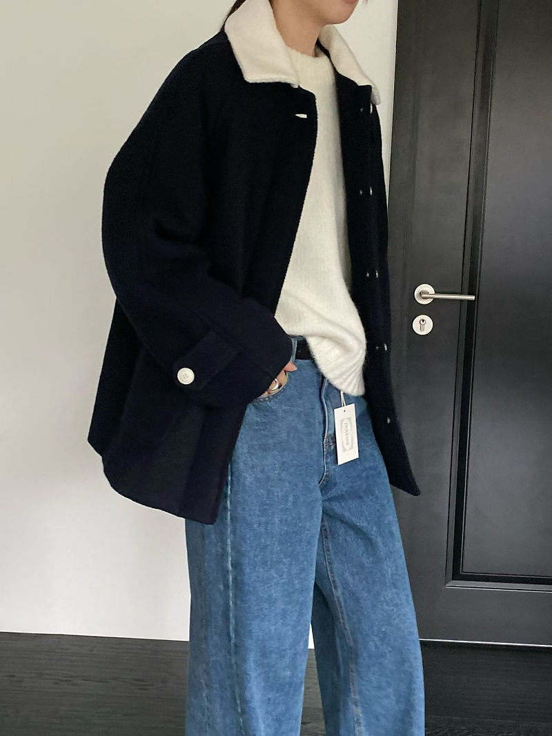 Pure merino wool navy ivory color blocking mid length polo jacket 1