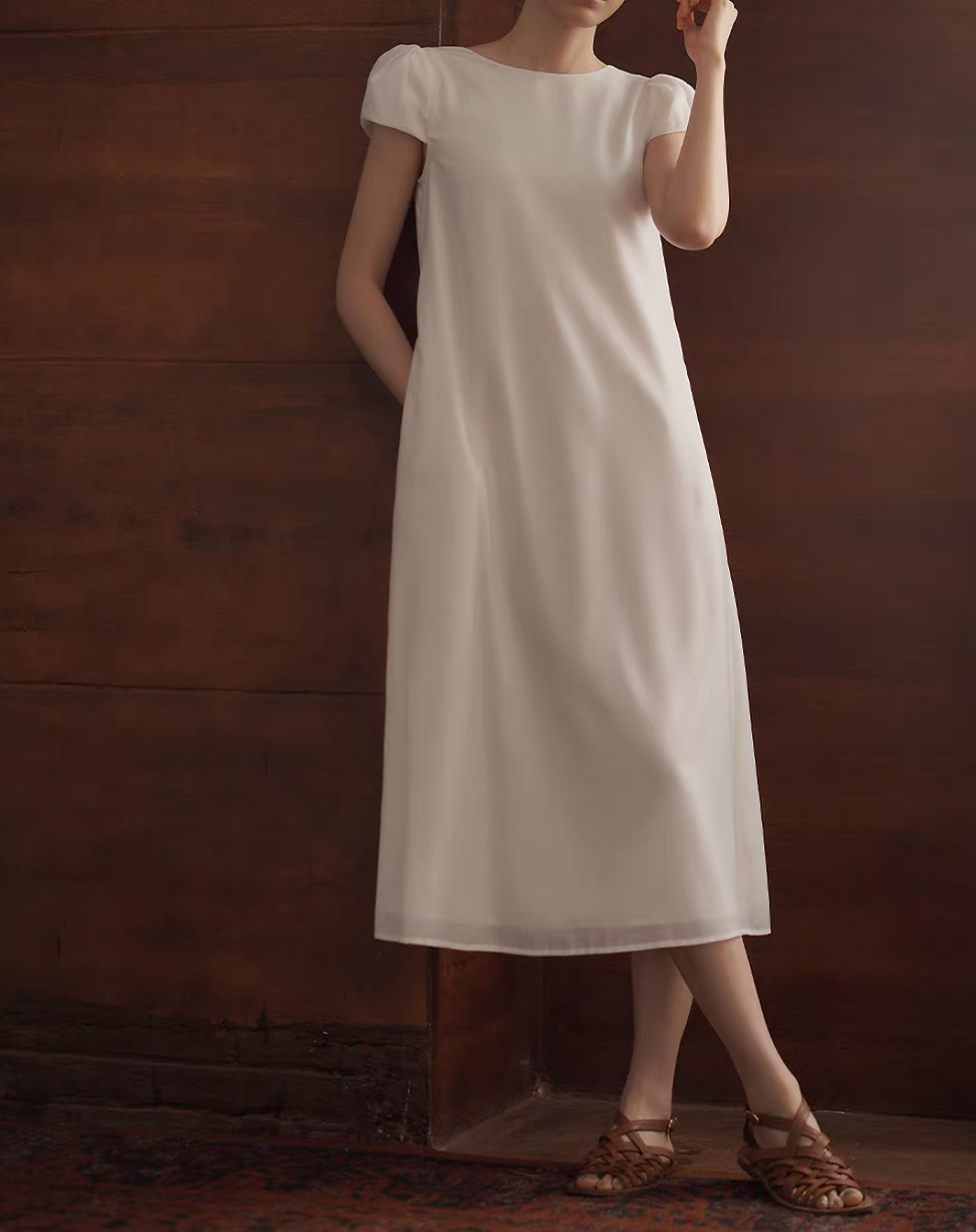 Thumbnail: Puff sleeves crewneck ivory belted midi dress