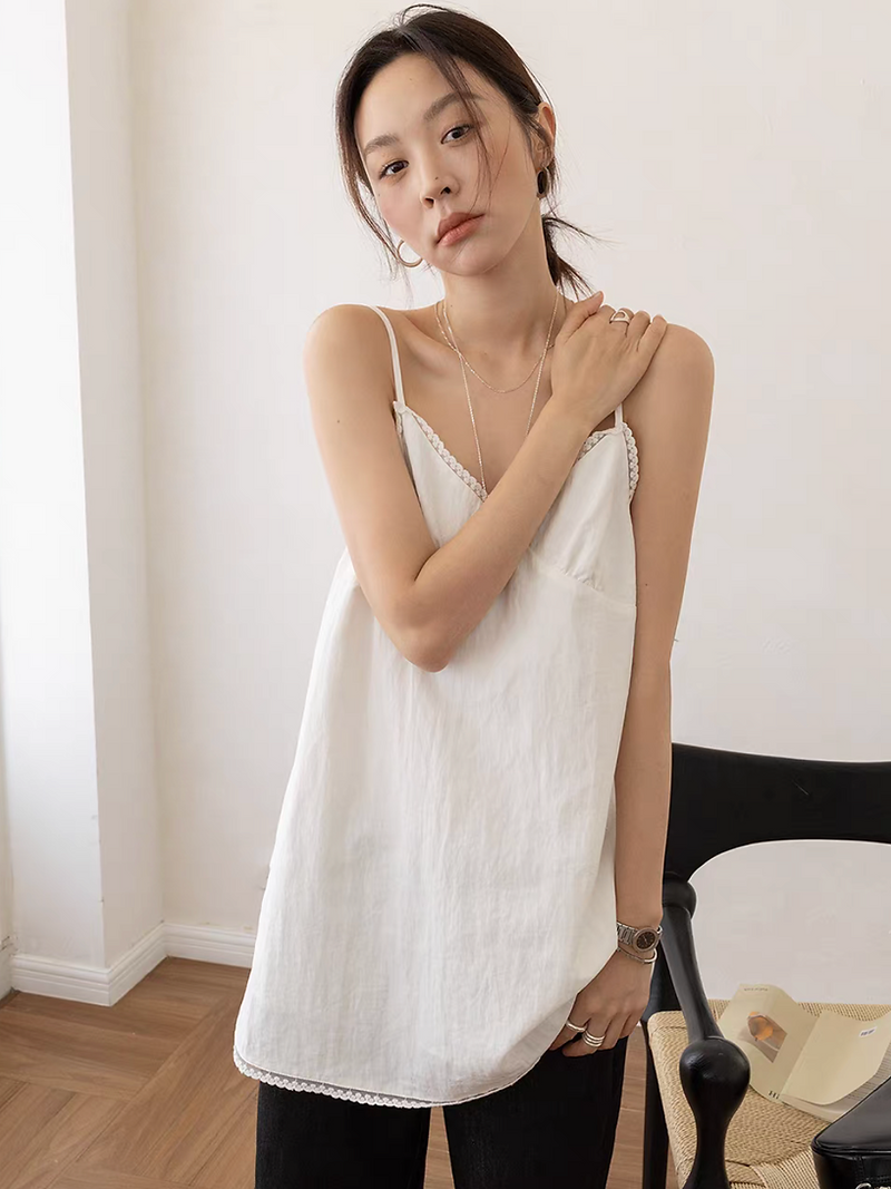 Cotton rayon lace trim white V neck mid length camisole 3