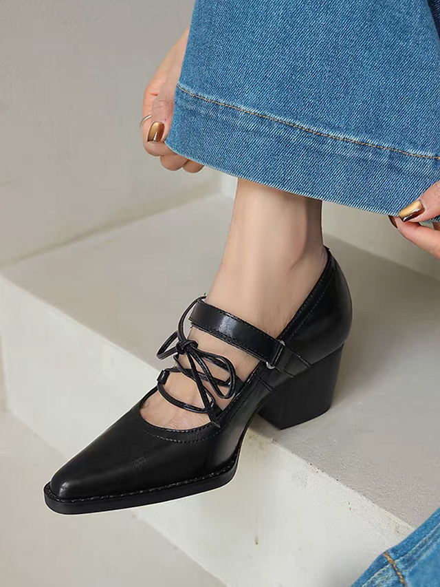 Calf leather pointy velcro strap lacing chunky heel Mary Janes 1