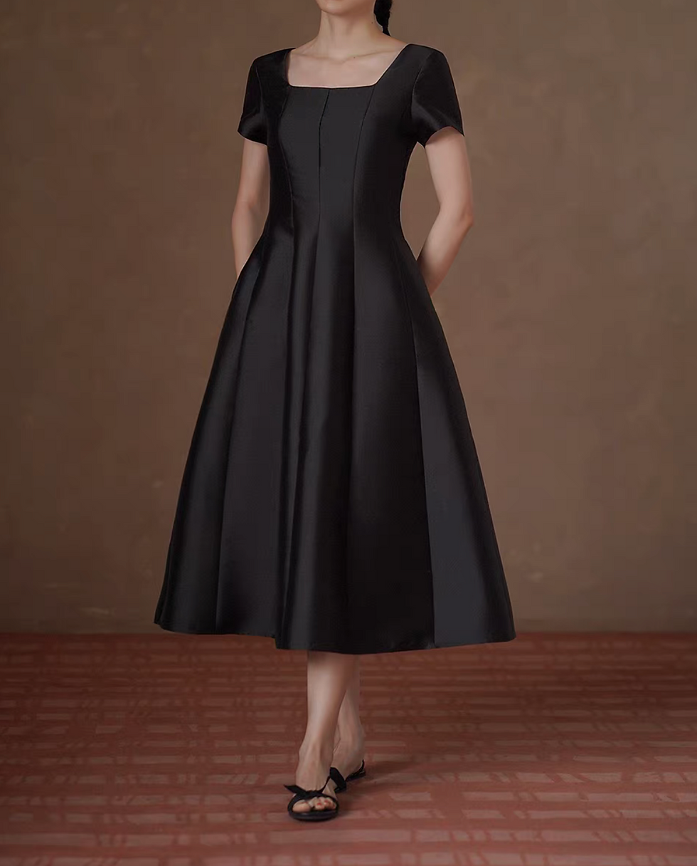 Thumbnail: Slim cut high waist contour square neck poly satin little black dress