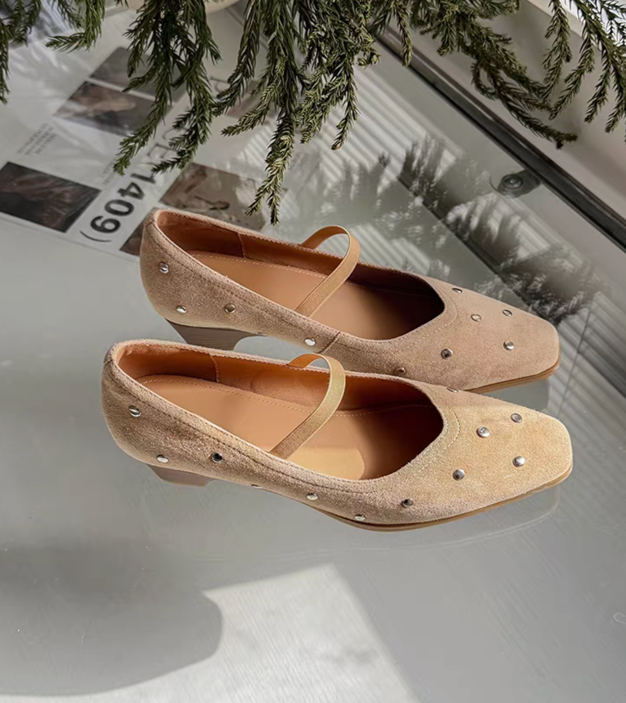 Studded suede lambskin low heel Mary Janes