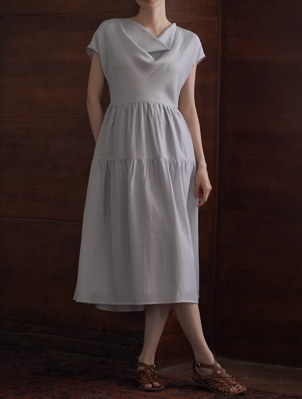 Thumbnail: Greyish blue drape collar lyocell poly embossed lined dress