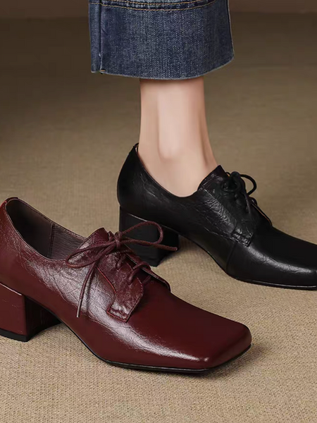 Square toe calf leather lacing chunky heel shoes