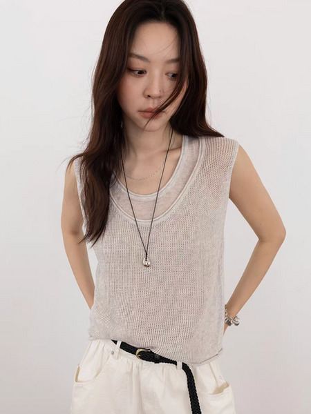 U neck linen tencel lyocell double layers knitted vest set