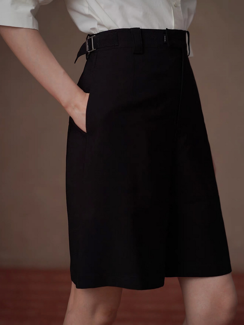 High waisted side adjusted buckle strap pleated poly rayon black shorts 1