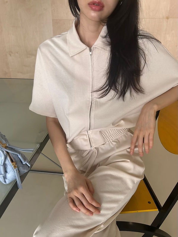 Elastic trim polo cotton tencel flutter sleeves blouse / jacket