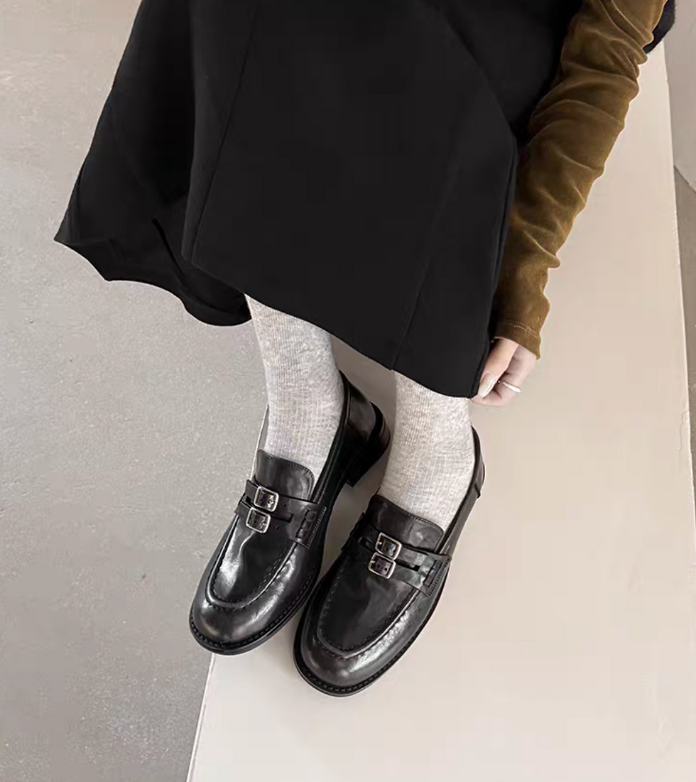 Thumbnail: Mid double buckle straps contour calf leather loafers