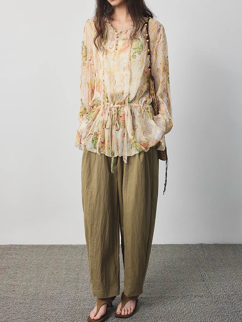 Watercolor pure tencel drawstring flare sleeves sheer blouse 5