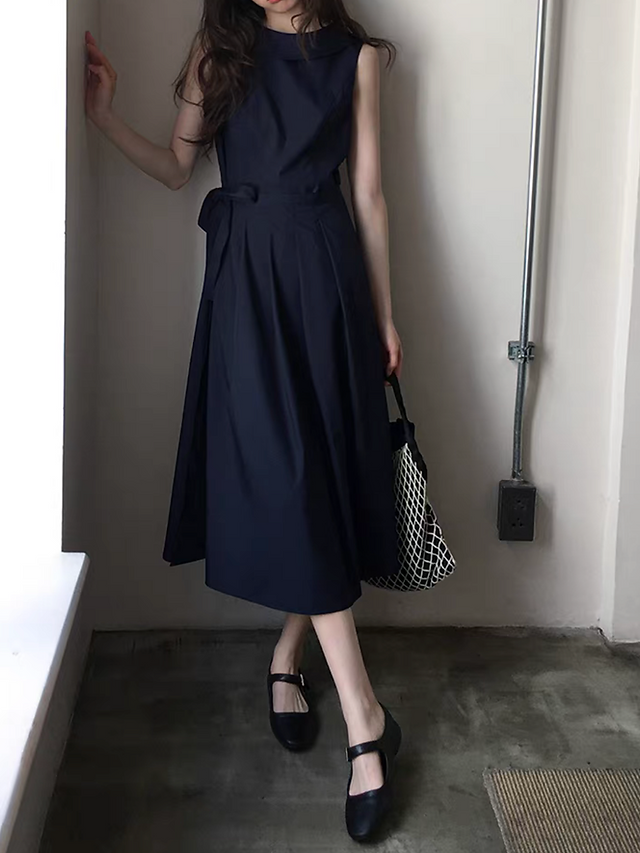 Navy folded collar side knot pleated cotton rayon sleeveless dress 1
