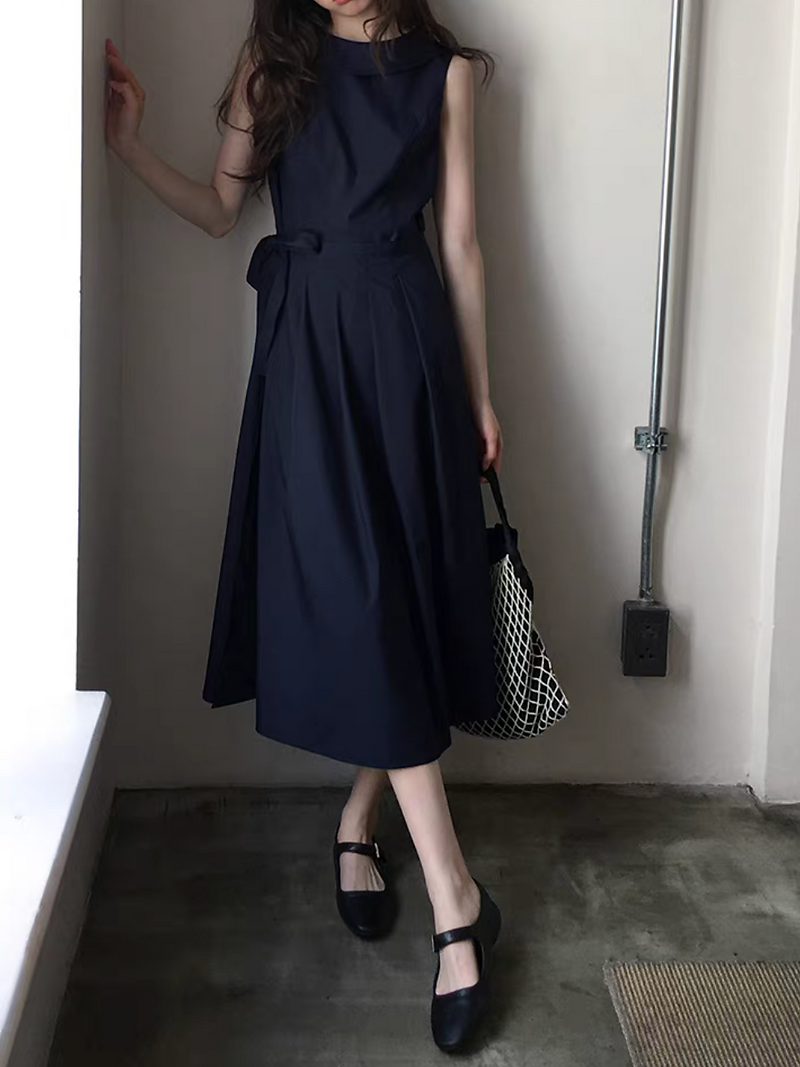 Navy folded collar side knot pleated cotton rayon sleeveless dress 1