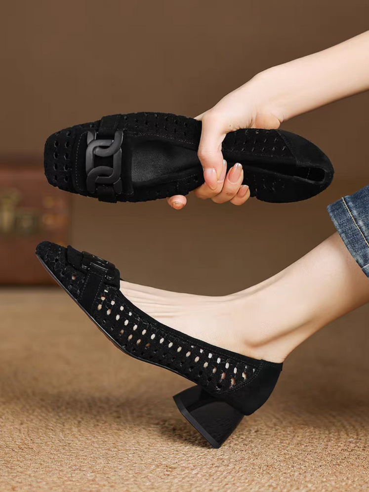 Crochet lambskin buckle deco suede low heels 4