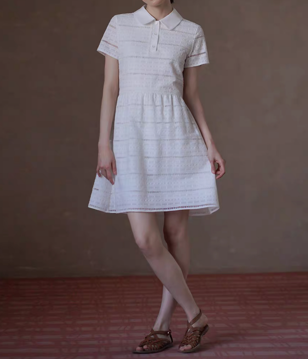 Thumbnail: Ivory embroidered lace crochet cotton  elasticated polo slim cut polo midi dress