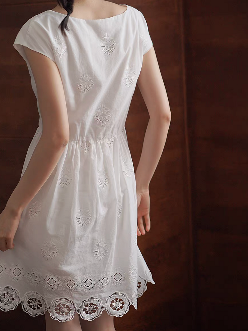 Pure cotton flutter sleeves high waisted crochet lined white dress 3