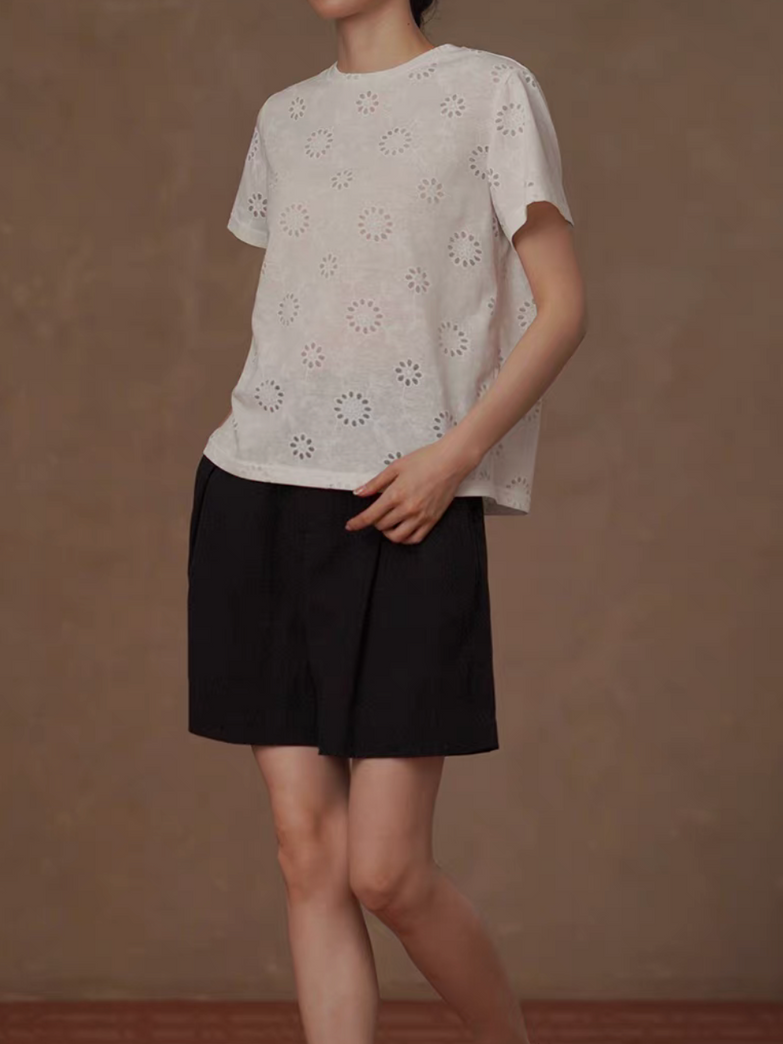 Crewneck crochet floral patterned pure cotton white tee 6