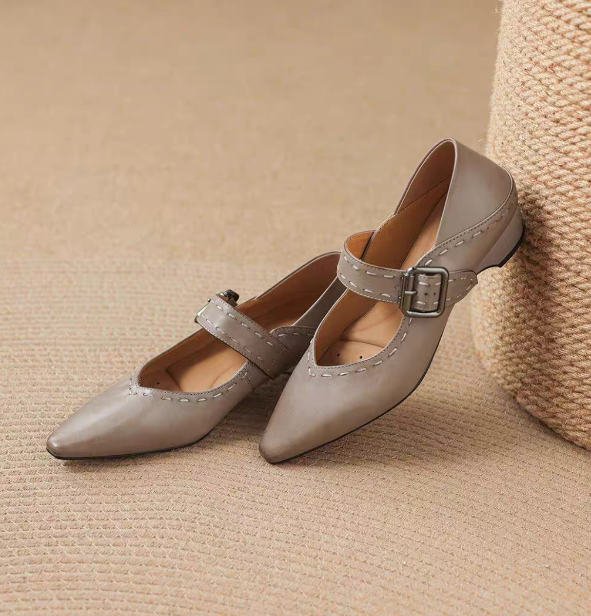 White stitched calf leather pointy low heel Mary Janes