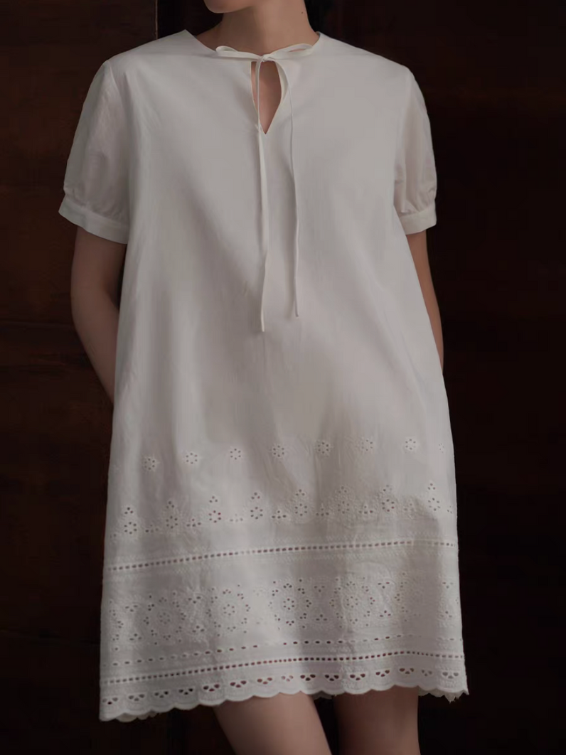 Cotton drawstring crochet patterned lace dress 3