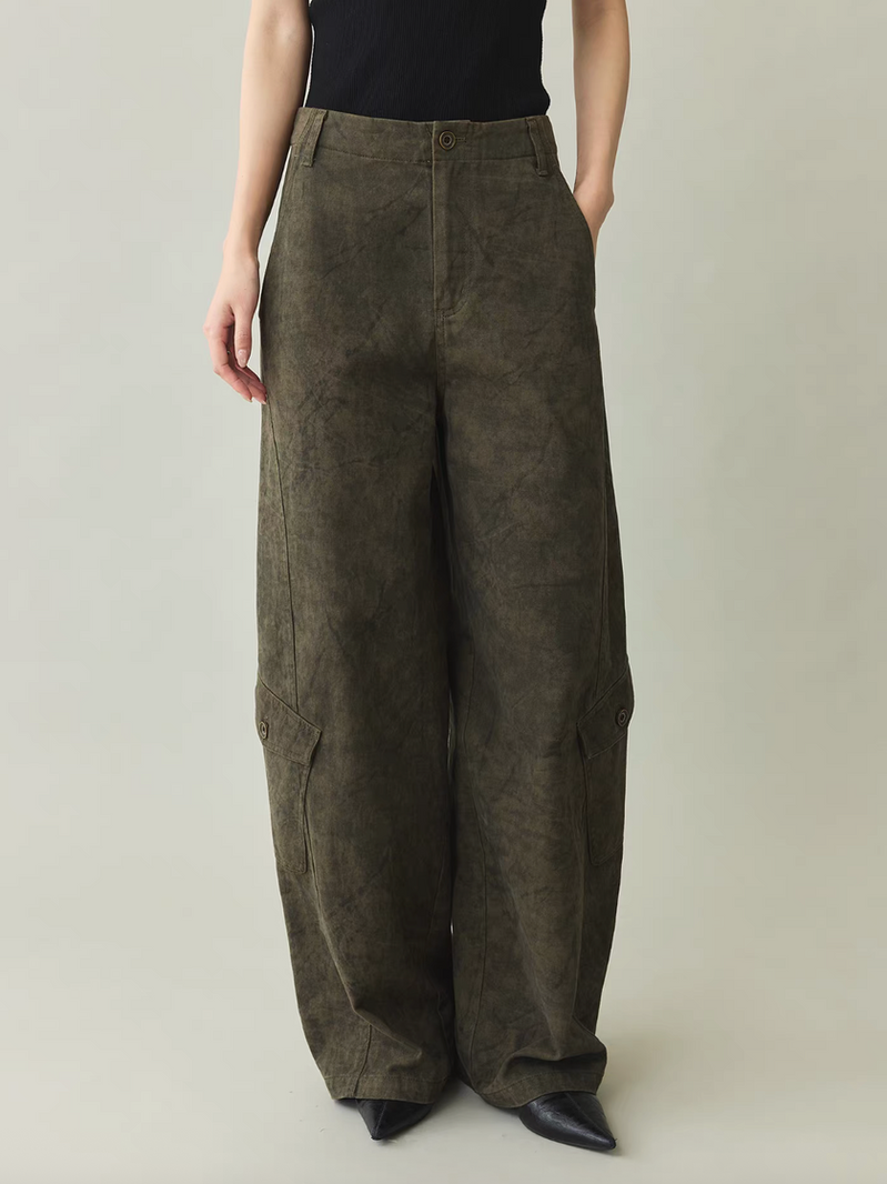 Olive green cotton rayon barrel cargo high waisted pants 1