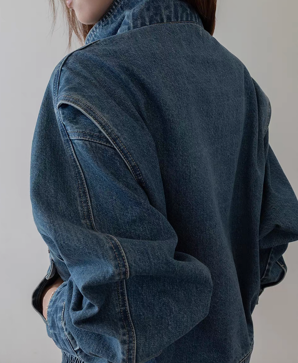 Thumbnail: Acid washed retro blue denim polo two way denim jacket