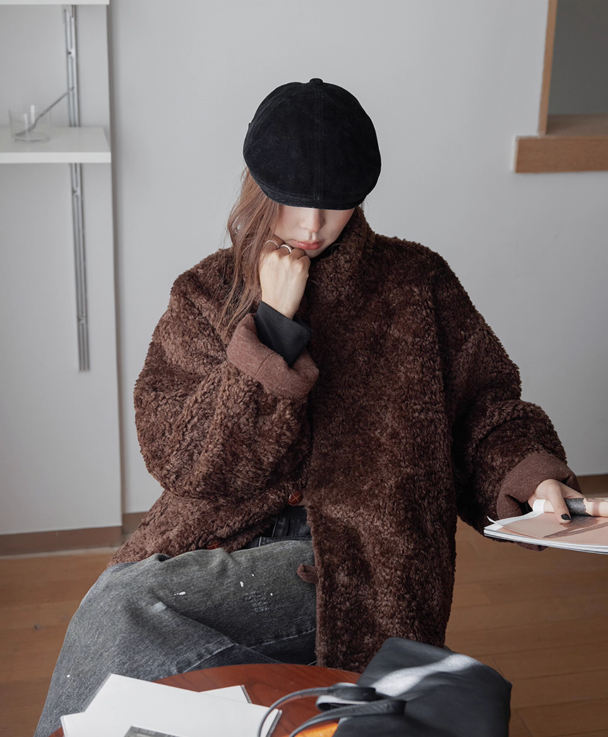 Two way teddy brown wool fleece fluffy standing collar lapel button mid length