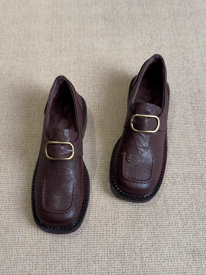 Ruffled calf leather square toe buckle strap loafers 4