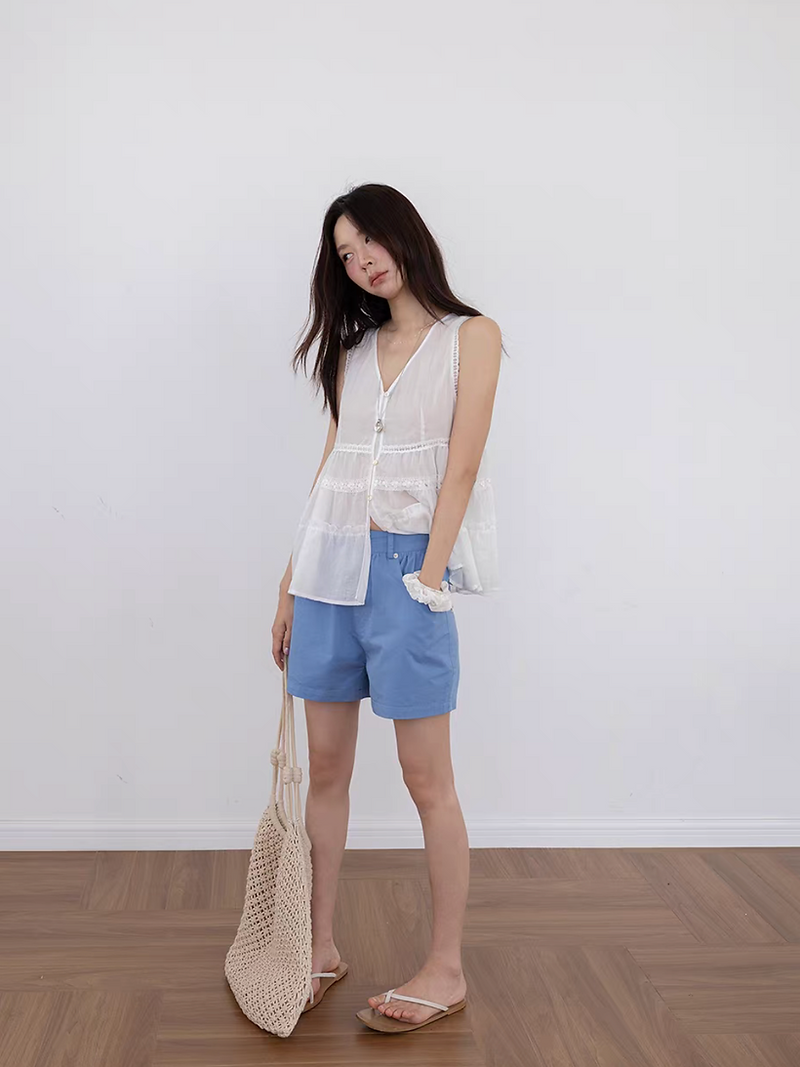 Cotton pleats high waisted shorts 4