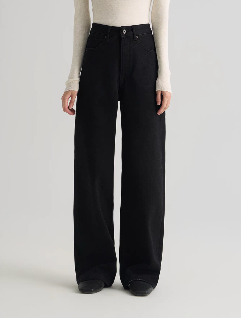 Thumbnail: High waisted black soft denim straight leg pants