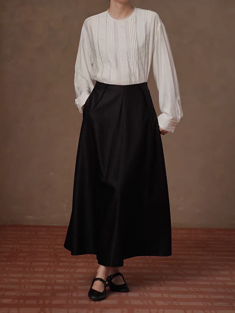 Black poly rayon pleated A line high waisted skirt 5
