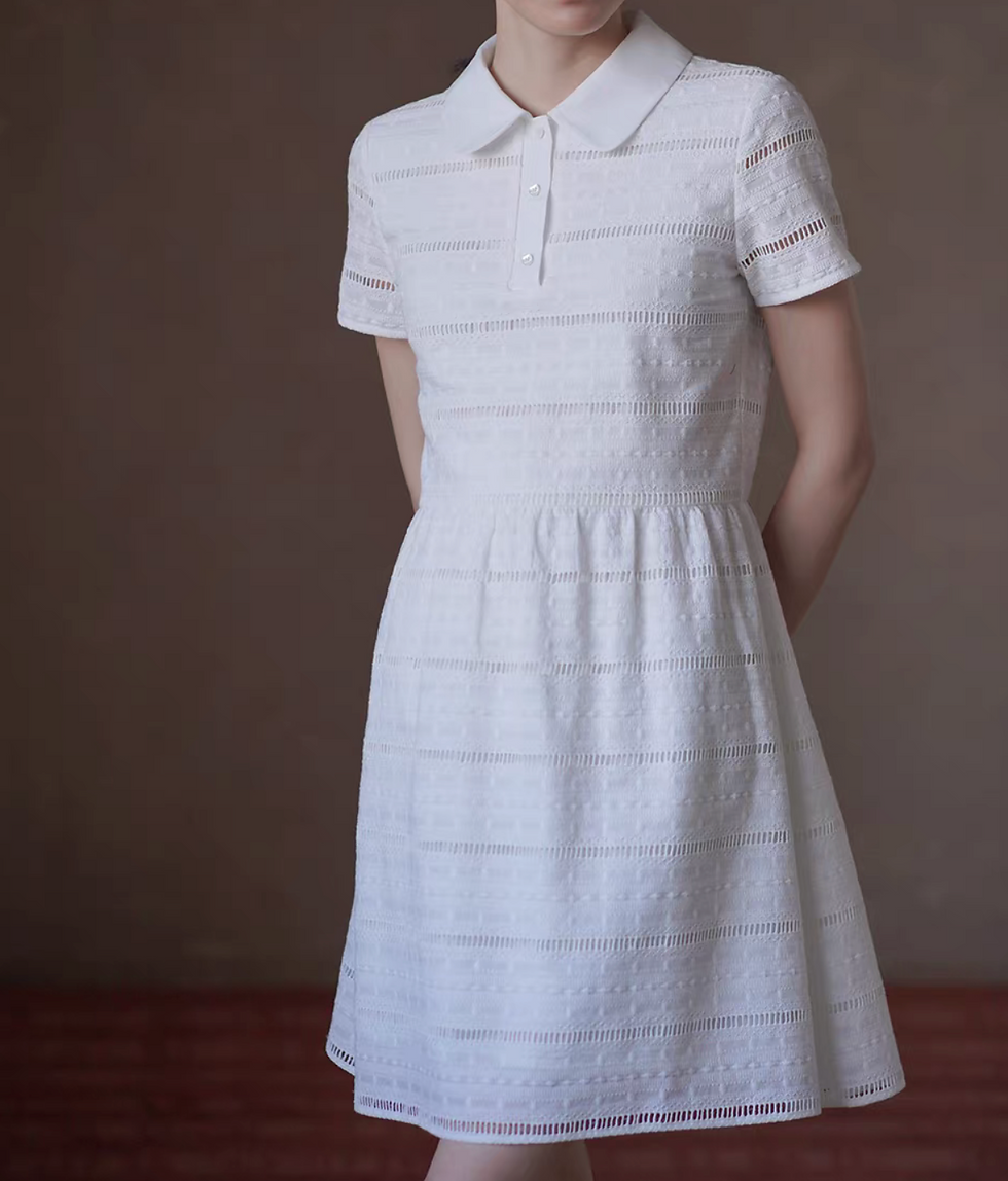 Thumbnail: Ivory embroidered lace crochet cotton  elasticated polo slim cut polo midi dress