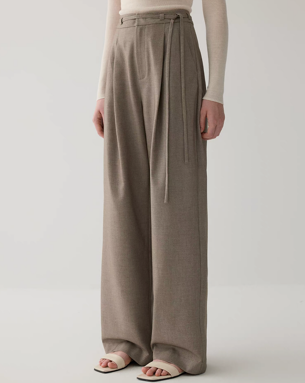 Thumbnail: Khaki beige belted high waisted pleated tencel wool rayon pants