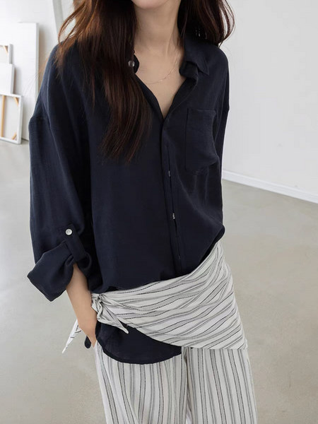 Cotton linen tencel airy pocket mid length shirt