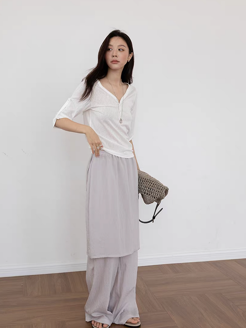 V neck buttoned strap tencel cotton two way tee 12