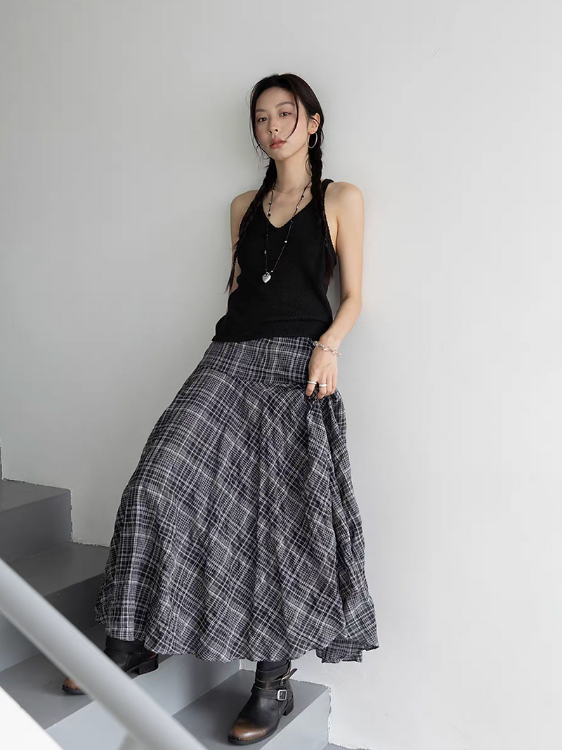 Asymmetric zipper checker grey lined cotton skirt 2