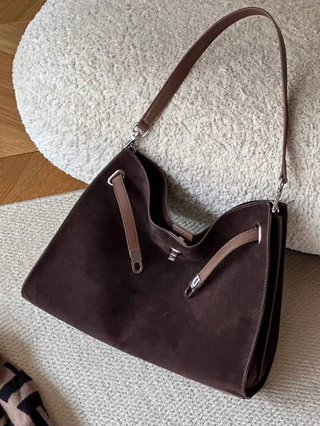 Suede calf leather twist metal bucket strap drape hobo shoulder +crossbody bag 10
