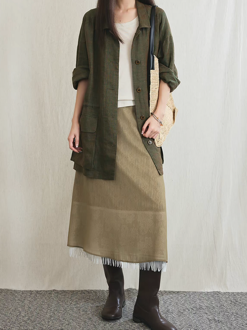 Elasticated tassels lyocell sheer layered beige khaki lace skirt 8
